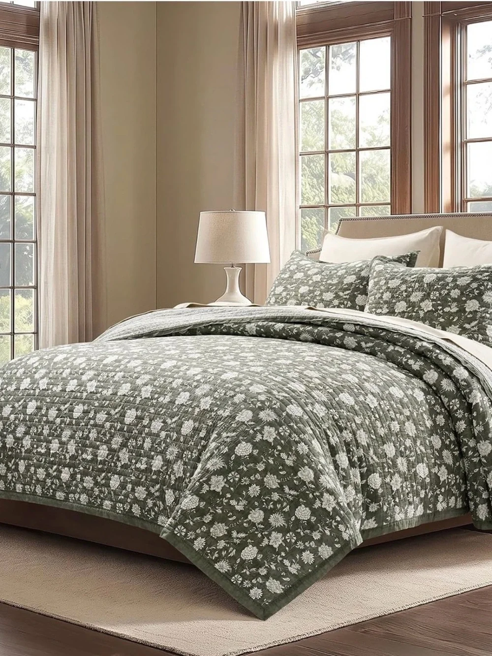 Green Floral Cotton Quilt Set - Classic Home Bedding
